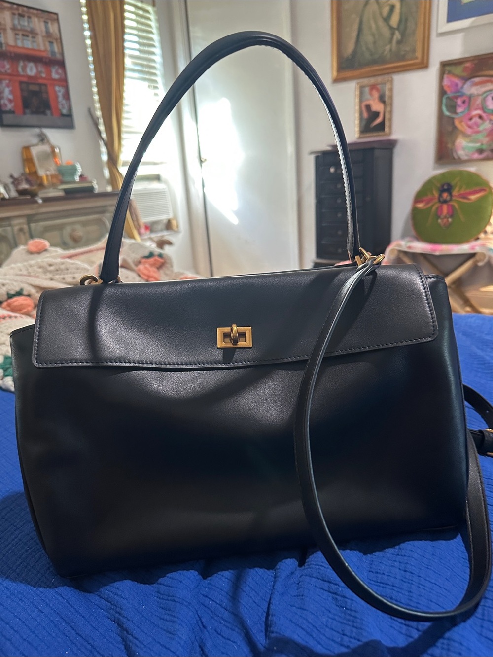 Structured Black Leather Shoulder Bag with Gold Hardware
